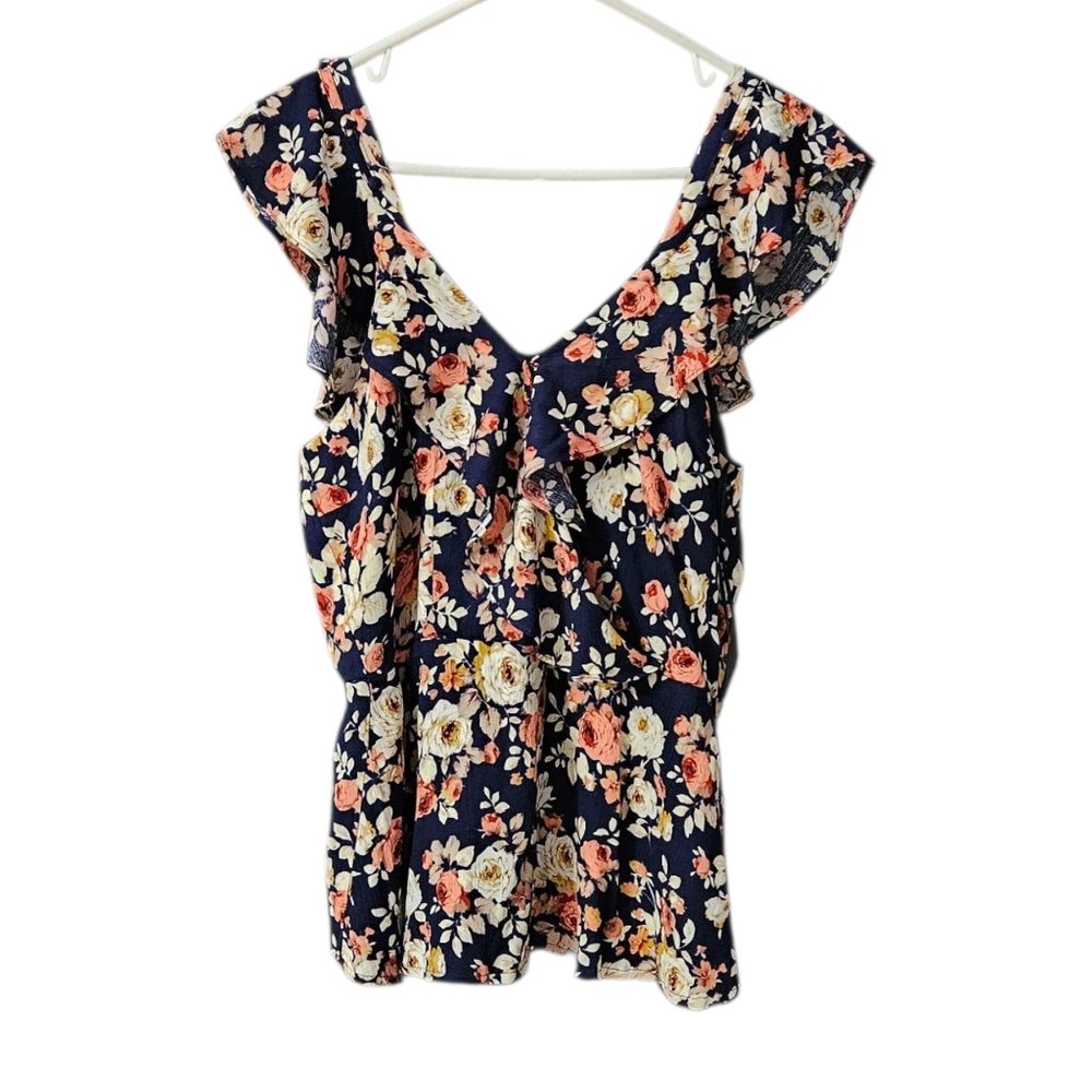 Skies Are Blue Ruffled Floral Blouse NEW Women Medium Navy